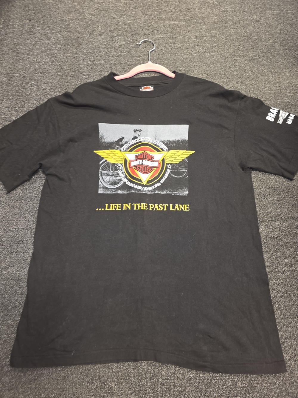 Vintage Harley-Davidson Black Tee with Yellow and Red Winged Emblem